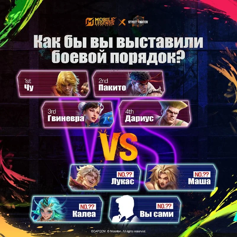 🥊 Представьте, что вы боец, а состав ваших противников: Чу, Пакито, Гвиневра и Дариус. Как бы вы выстроили боевой порядок для Калеа, Лукаса, Маши и себя, чтобы выиграть матч?