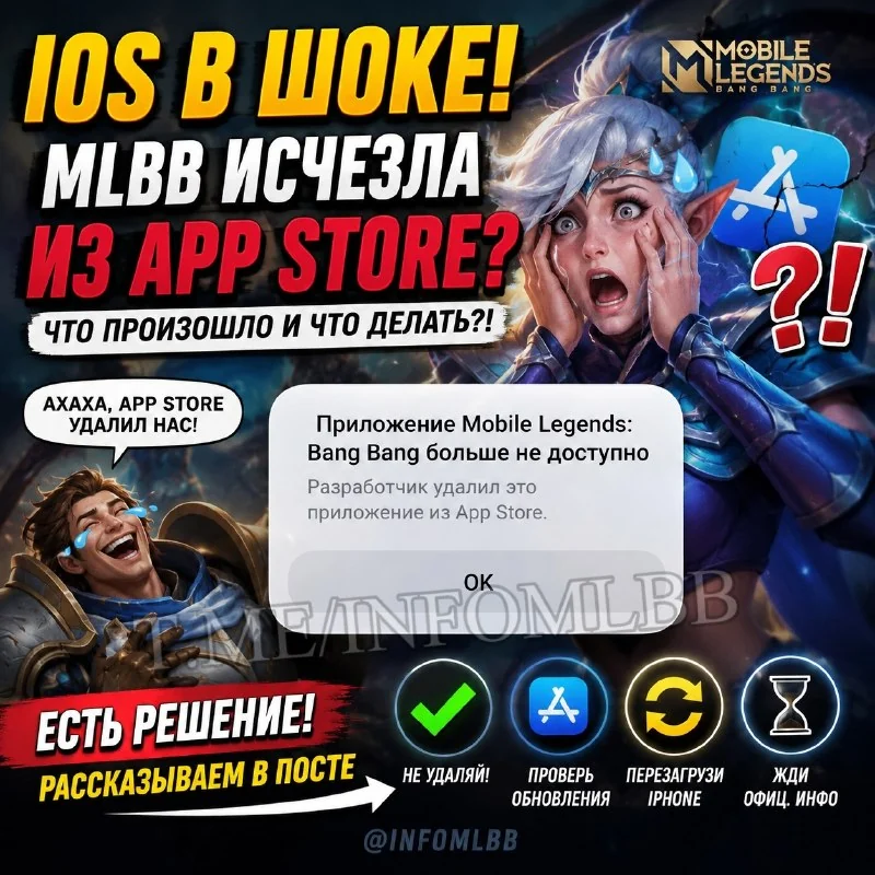Нет, вздохните спокойно. По всем признакам это не бан MLBB и не удаление игры из App Store. Гораздо больше похоже на неудачную публикацию сегодняшнего обновления или региональный сбой App Store после 
